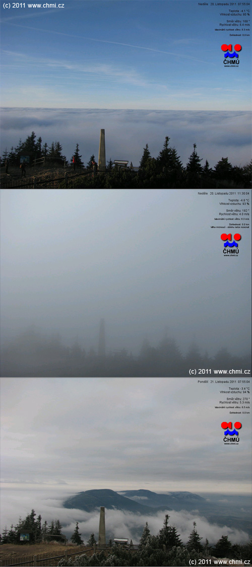 ČHMÚ kamera z Lysé Hory na jihozápad, první obrázek je 20. 11. 2011 v 7.55 hodin, druhý obrázek 20. 11. 2011 v 8.35 h a poslední obrázek 21. 11. 2011 v 7.55 h