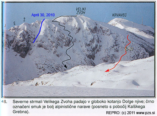 V barevné příloze je fotka číslo 46 zahrnující severní svahy Velikega Zvoha, náš částečný sjezd je zakreslen modře