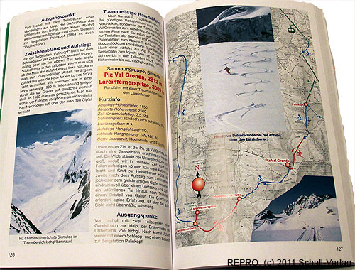 Dvoustránka 126–127 ze skialpinistického průvodce Schitour Plus – Piz Val Gronda 2812 m a Lareinfernerspitze 3009 m