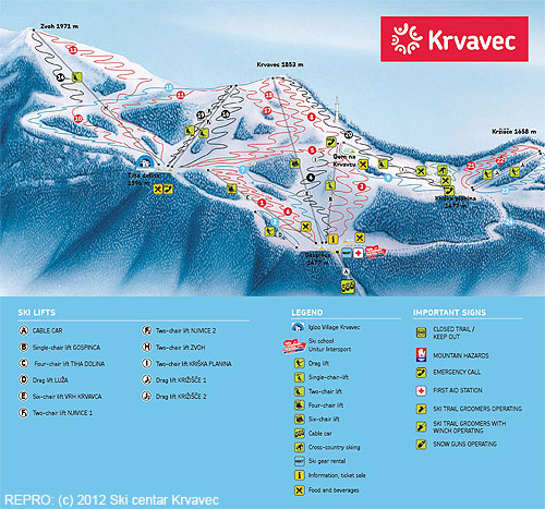 Mapa sjezdovek lyžařského střediska Krvavec