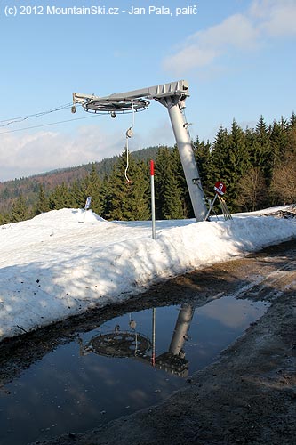 Voda a bahno na cestě, vedle minimálně půl metru sněhu