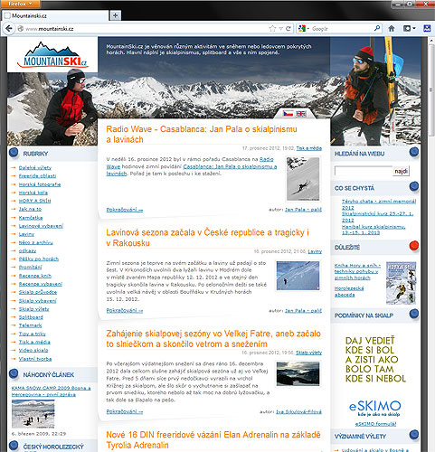 Úvodní stránka mountainski.cz, www.snehoty.sk jsou v pravém sloupci