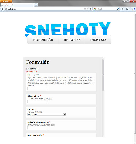 Formulář pro zadání výletu a podmínek na snehoty.sk