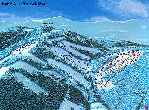 Přehledová mapka lyžařského střediska Ski Park Gruň, nejlepší sněhové podmínky byly na červené sjezdovce č. 4