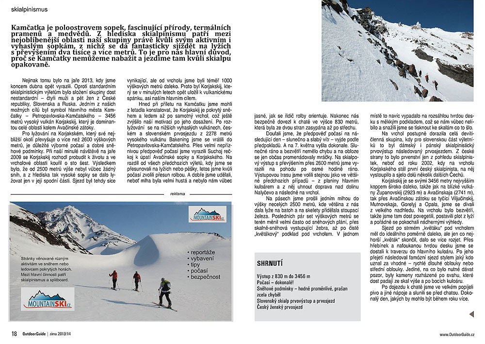 Stramy 17–18 zimního speciálu časopisu OutdoorGuide – článek o českém a slovenském dámském prvosjezdu z vulkánu Korjakskij