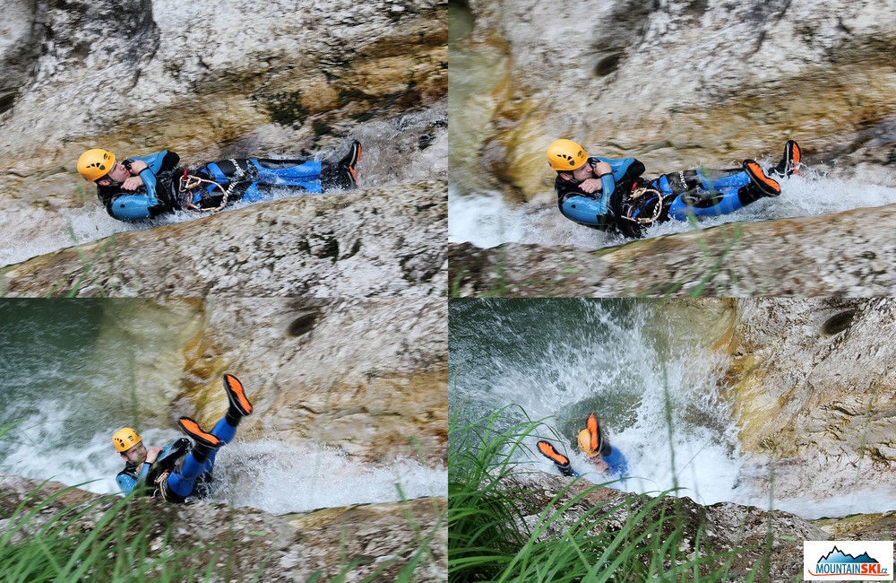 Sjíždění hlavou dolů v rámci canyoningu dolině Sušec