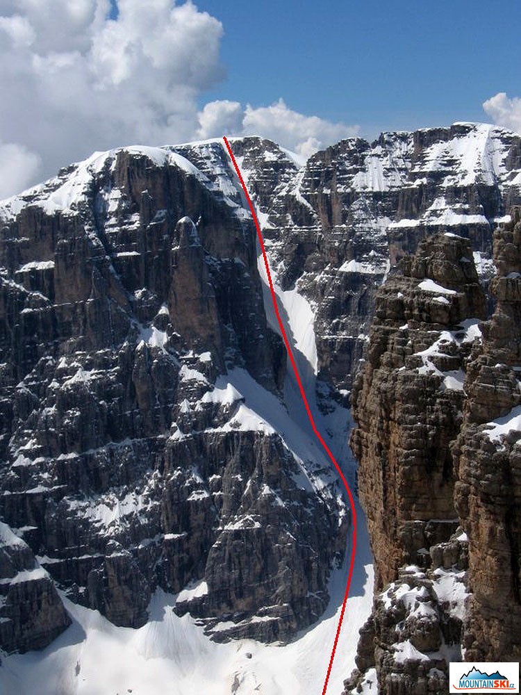 Nákres sjezdu Canalone Neri z Cima Tossa: 45–50°, 800m