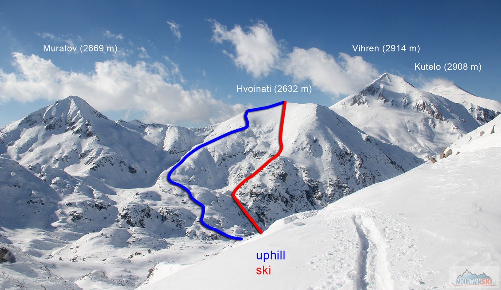 Výstupová a sjezdová trasa z vrcholu Hvoinati (2632 m) vedle Vihrenu (2914 m)