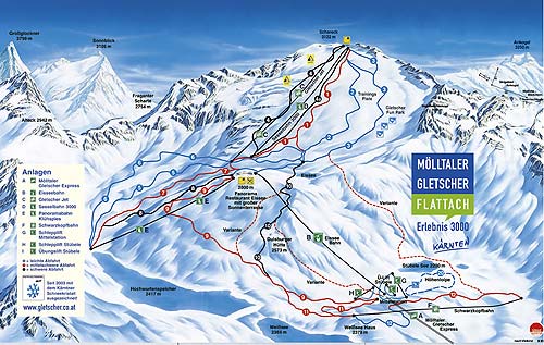 Lyžařské tratě a vleky na Mölltalském ledovci – plná verze je tady Mölltaler gletscher – ski pisten